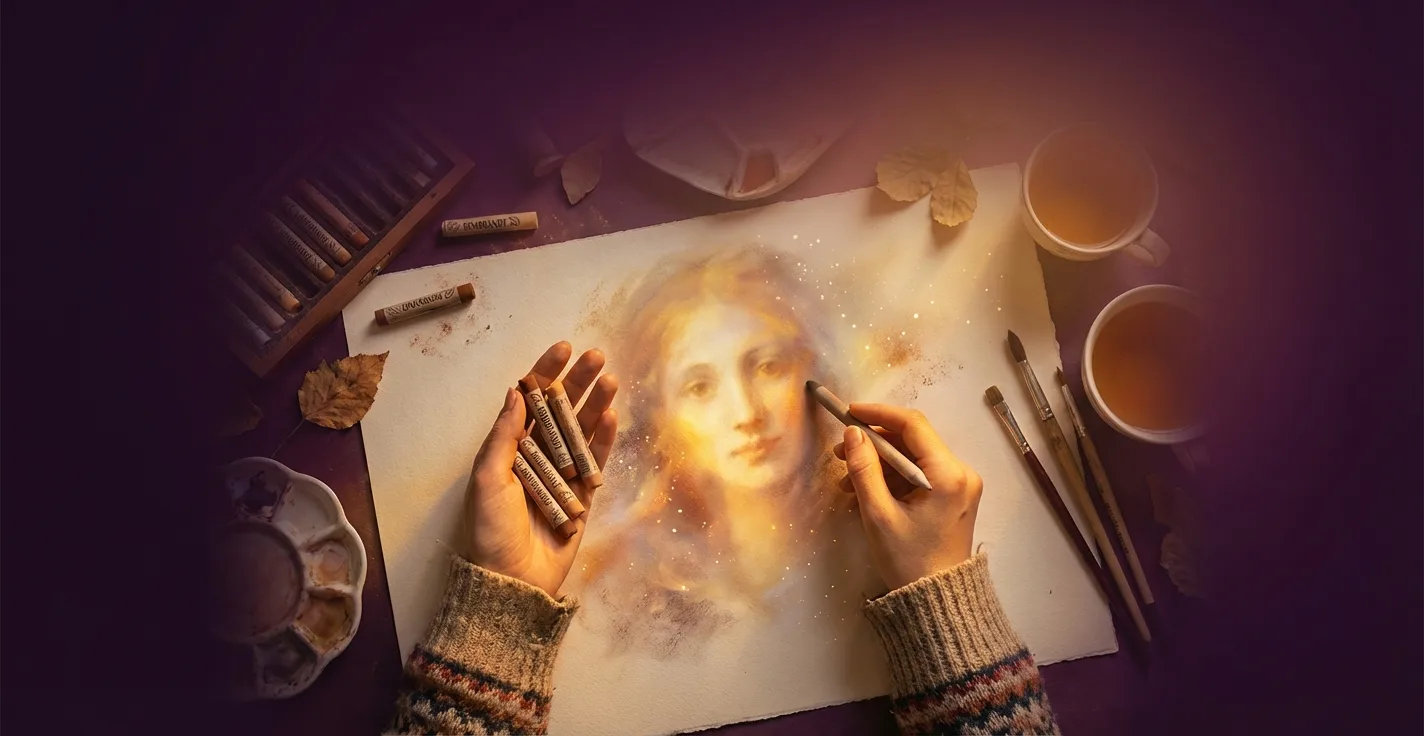 Hands creating an ethereal spirit portrait with pastels