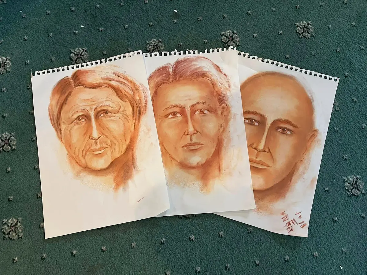Three spirit portraits of men in sepia pastels