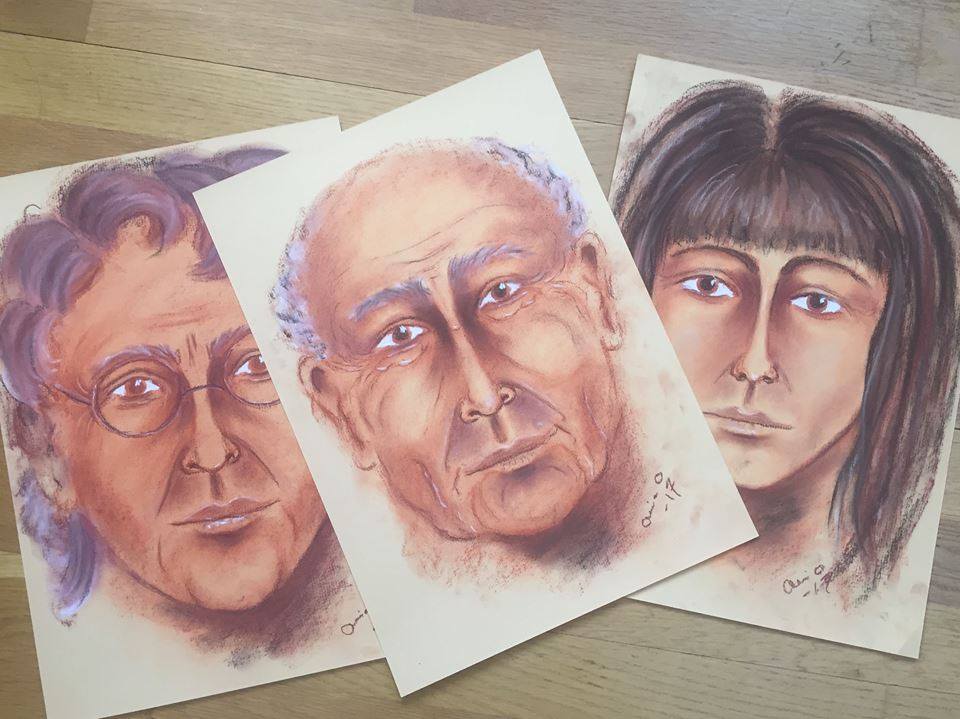 Spirit portraits showing elderly man with glasses, bald man, and woman