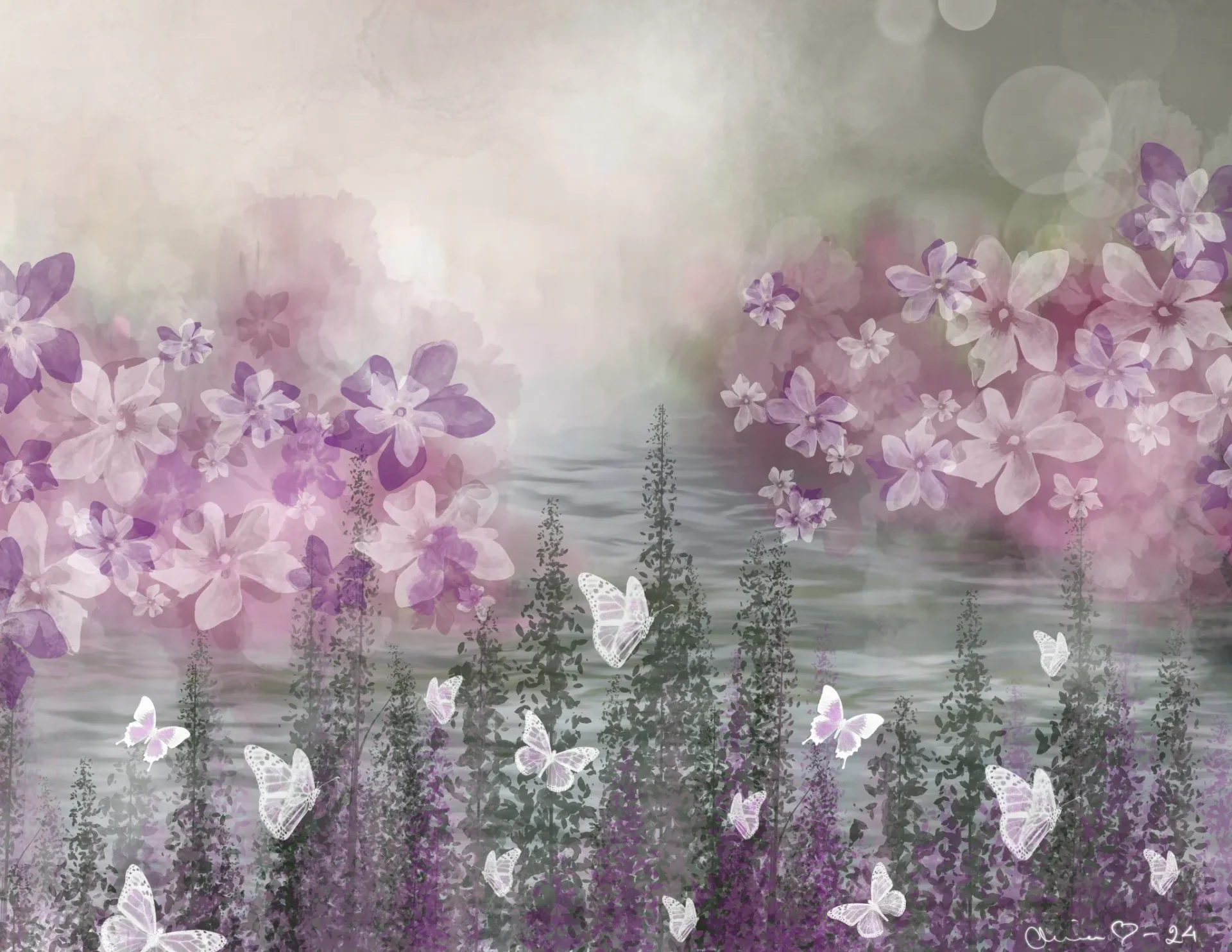Lavender field with butterflies by misty water
